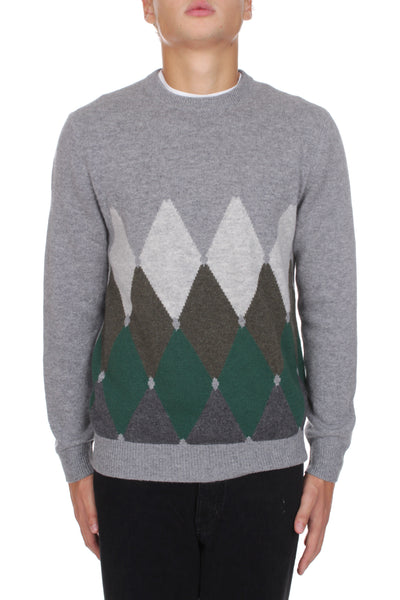BALLANTYNE INTARSIA KNIT CREWNECK SWEATER GREY SMERALD GREEN 95002