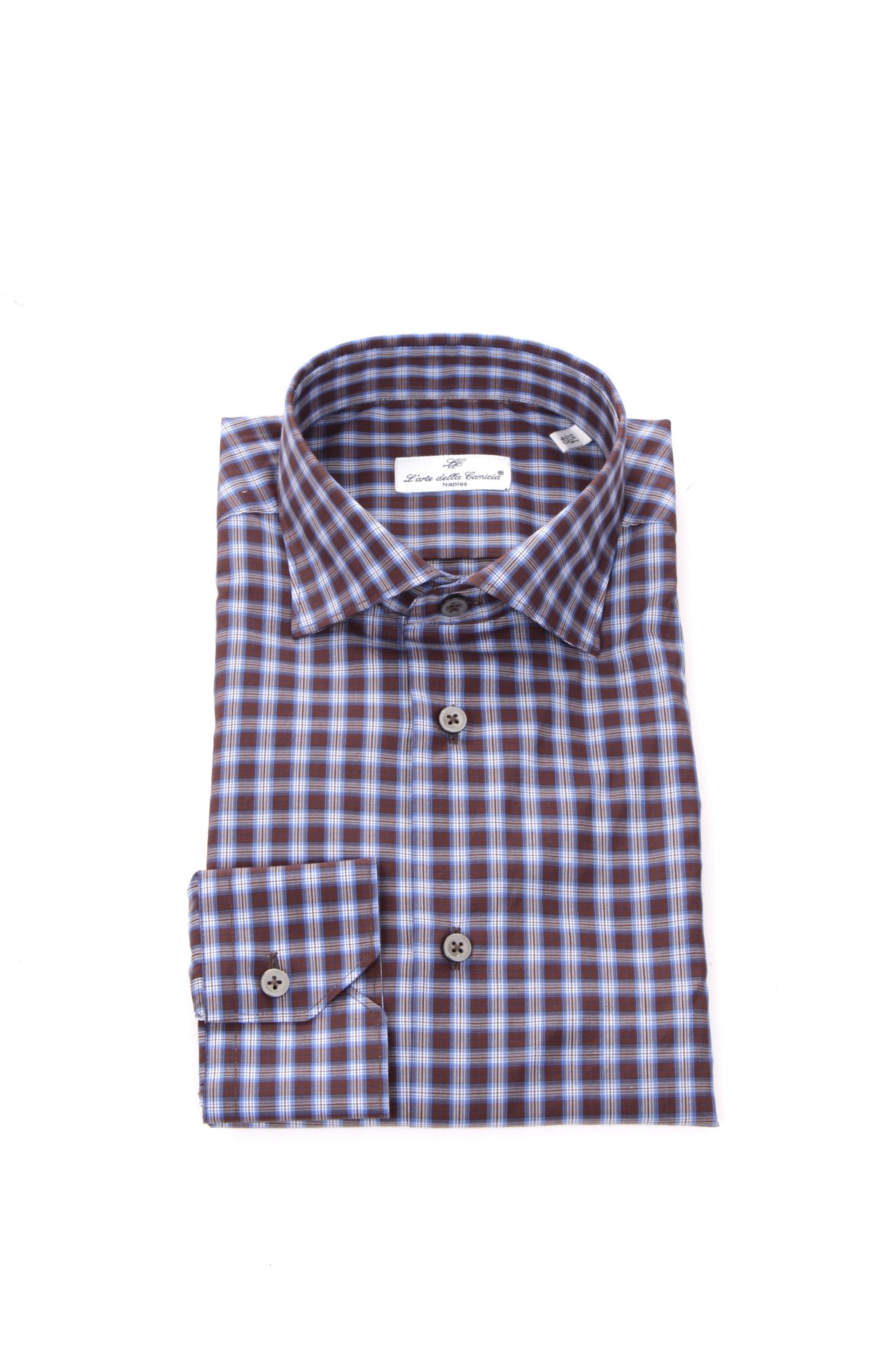 CAMICIA UOMO L'ARTE DELLA CAMICIA A QUADRI MARRONE E BLU CON COLLO